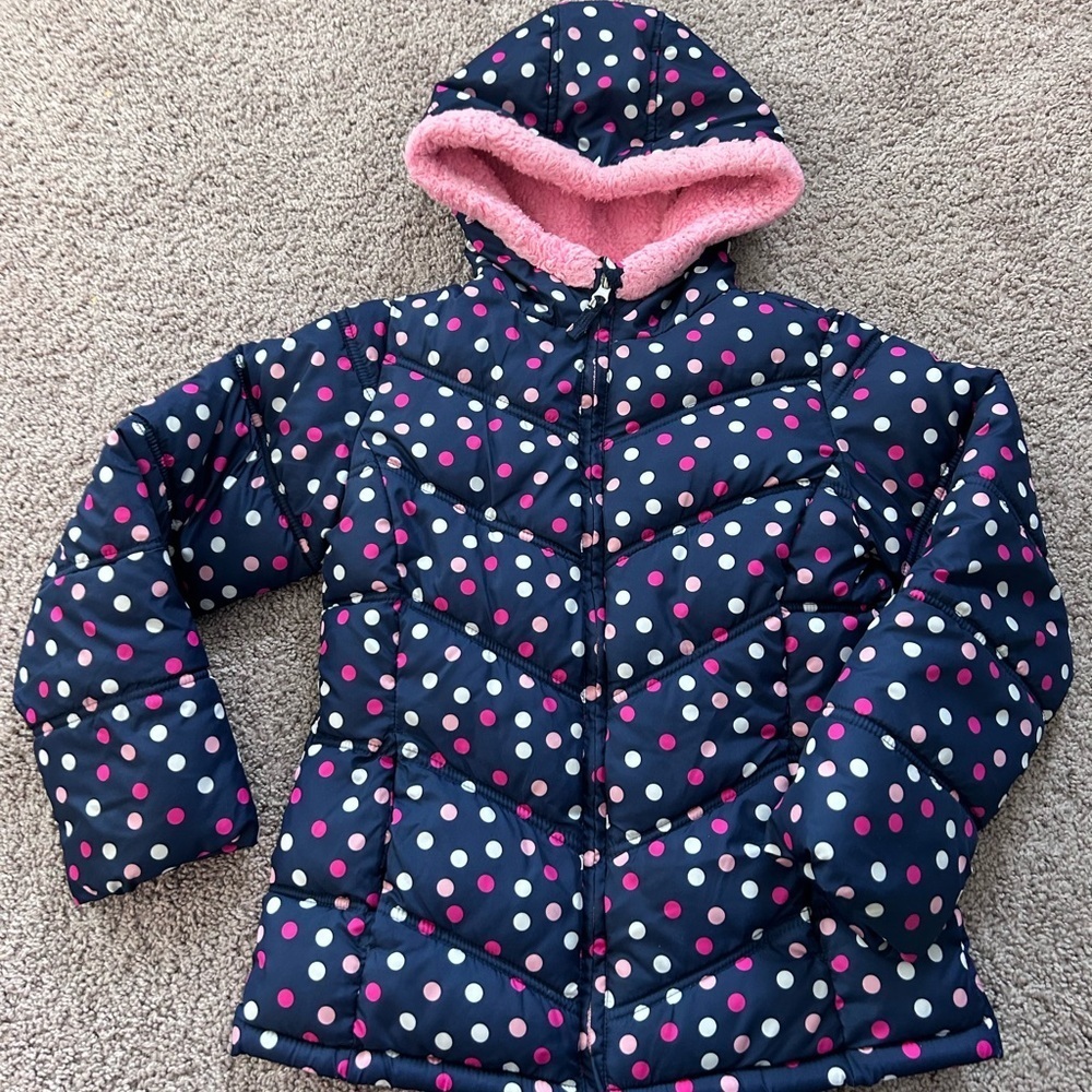 Girls Pink w Polka Dots Puffer Jacket w Hood Size M